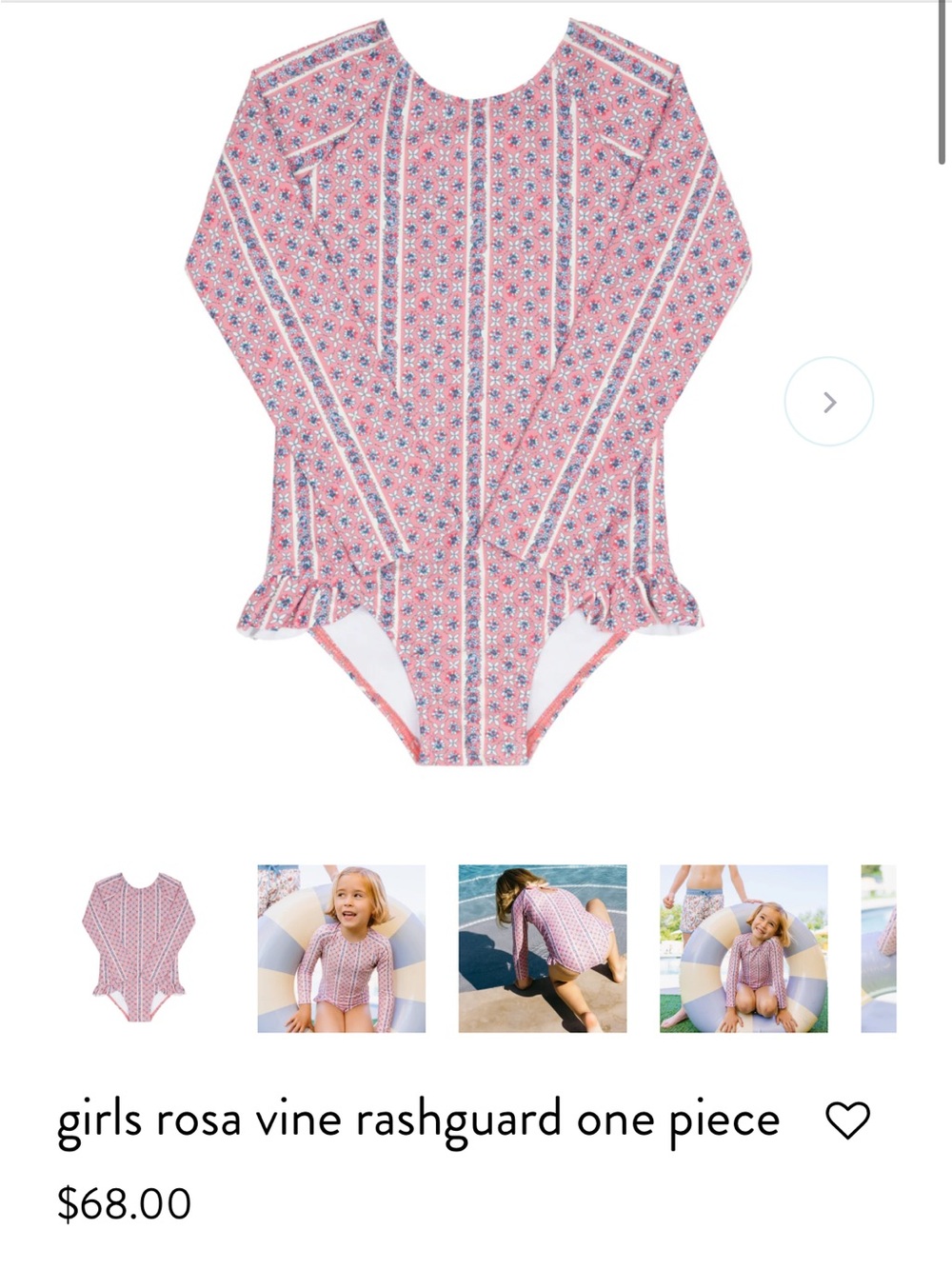 Minnow girls rosa vine rashguard one piece 11/12